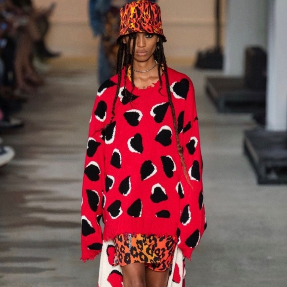 R13 Hearts Oversized Sweater Crew Pullover Distressed Punk Street Intarsia Red M - Picture 2 of 8